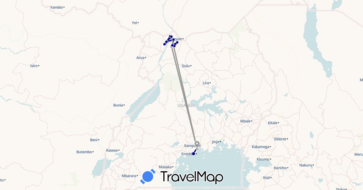 TravelMap itinerary: driving, plane in Uganda (Africa)